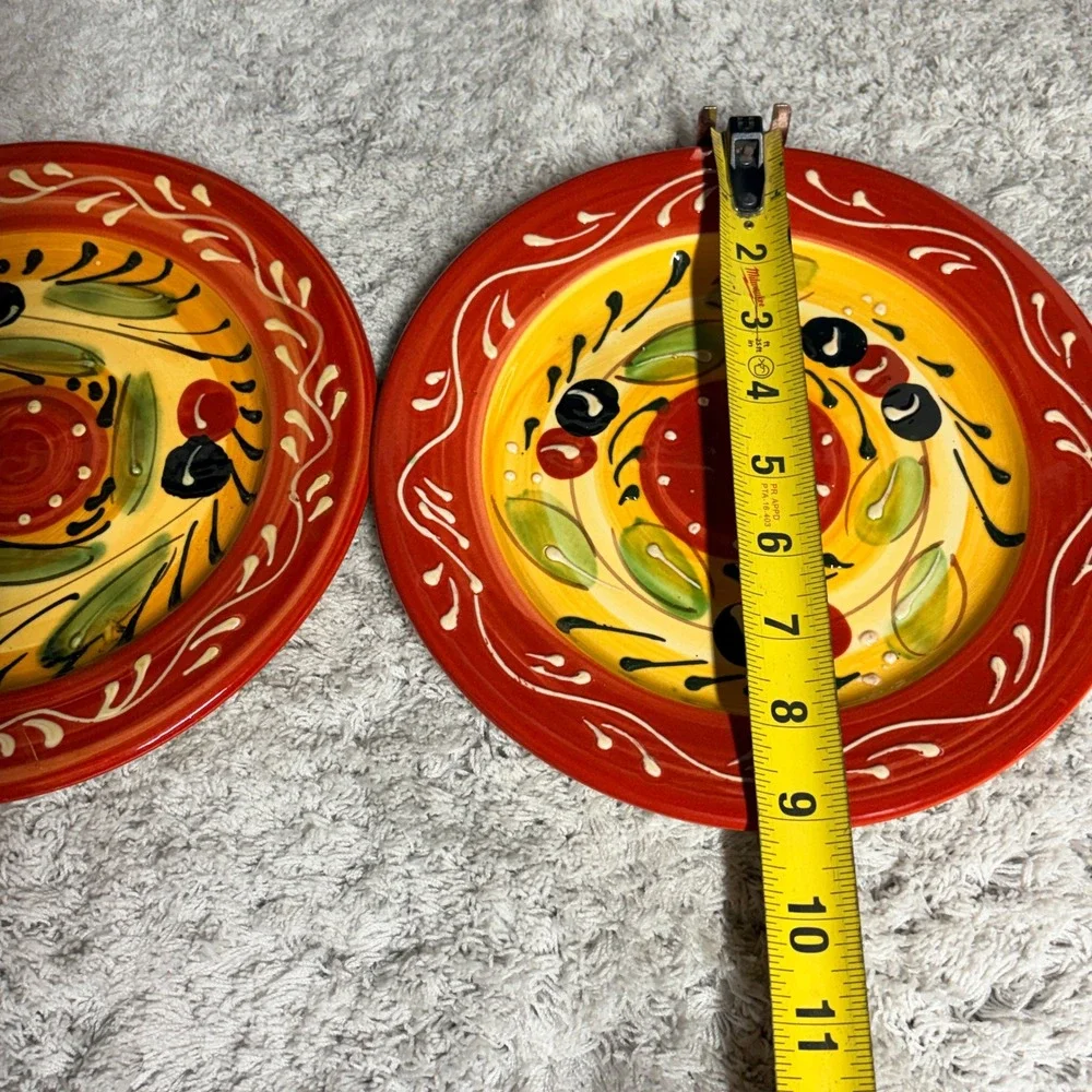 Pier 1‎ Imports Olive Salad Plates Set of 2 Hand Painted Spain Red Yellow 8.5